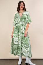 Green Printed V-neck Boho Midi Dress