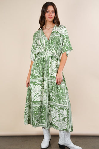 Green Printed V-neck Boho Midi Dress