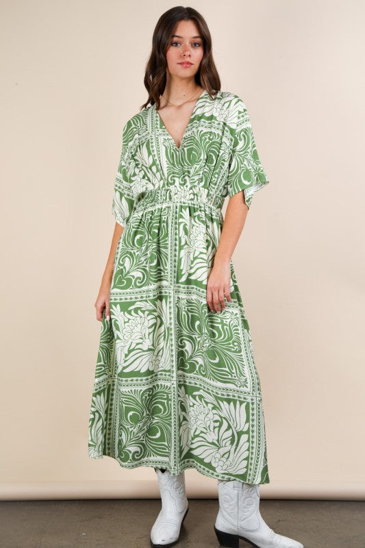 Green Printed V-neck Boho Midi Dress