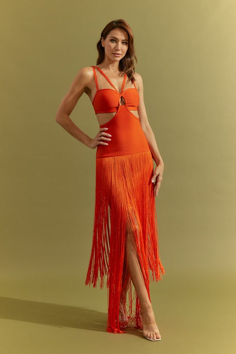 Orange Bandage Fringe Dress With Cutout
