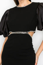 Black Puff Sleeves Rhinestione Side Cutout Maxi Dress