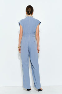 Cornflower Blue High Neck Draped Waist Cap Sleeve Jumpsuit