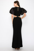 Black Puff Sleeves Rhinestione Side Cutout Maxi Dress