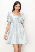 Blue Square Neck Jacquard Glitter Baby Doll Mini Dress