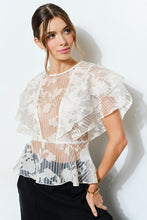 White Sheer Floral Stripe Print Ruffle Blouse
