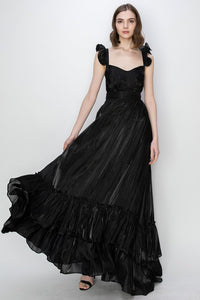 Black Shimmery Woven Ruffle Shoulder Tiered Maxi Dress