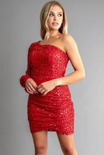 Red Womens Multi Color Sequin One Shoulder Mini Dress