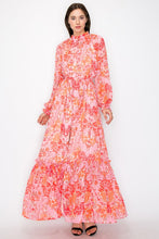 Coral Combo Floral Print Button Down Closure Self Tie Maxi Dress