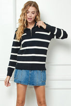 Black Stripe Knit Zip-up High Collared V-neck Sweater
