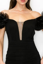 Black V-Neck Off Shoulder Mesh Metal Detail Mini Dress