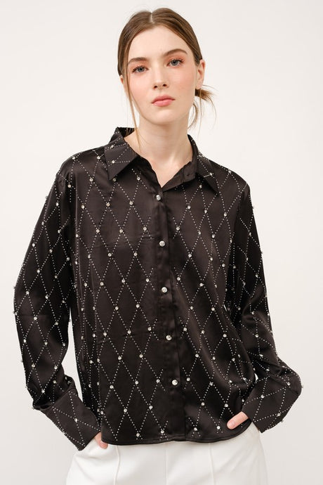 Black Long Sleeve Rhinestones Embellished Shirt Top