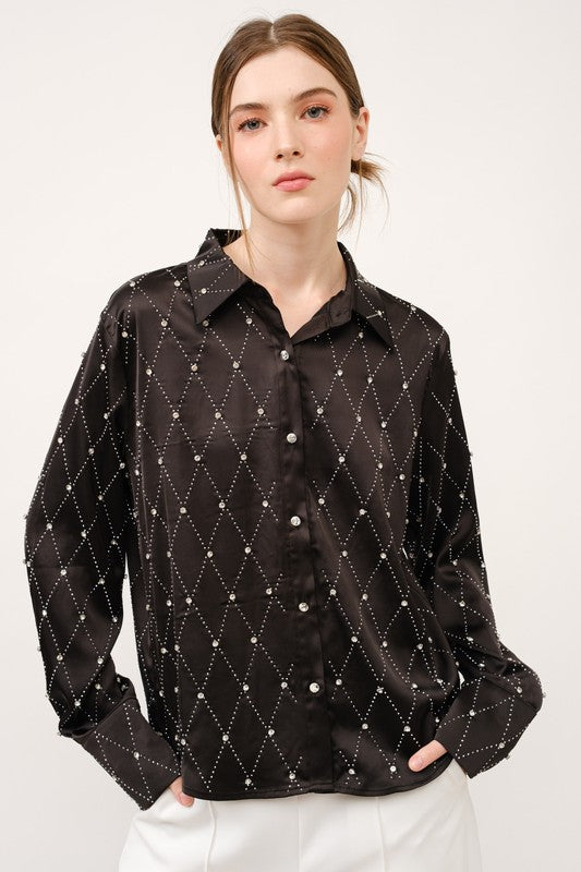 Black Long Sleeve Rhinestones Embellished Shirt Top