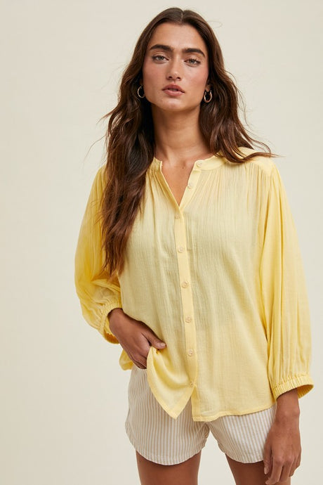 Lemon Cotton Button-Up Peasant Blouse