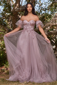 Mauve Strapless Floral Ball Gown