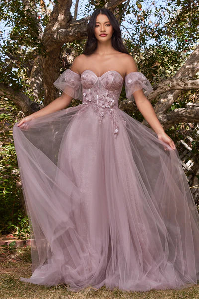 Mauve Strapless Floral Ball Gown