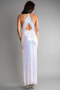 White Multi Color Sequin Halter Neck Deep V-Neck Keyhole