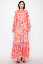 Coral Combo Floral Print Button Down Closure Tie Maxi Dress
