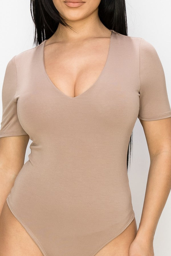 Mocha V Neck Double Modal Stretch Bodysuit