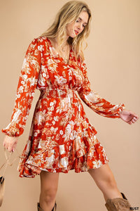 Rust Soft Luxe Jacquard Stripe Flower Printed Smocked W