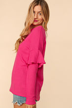 Fuchsia Drop Shoulder Ruffle Loose Fit Solid Knit Top