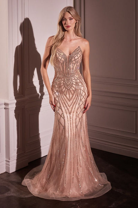Rose Gold Strapless Embellished Mermaid Gown