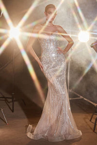 Silver Nude Strapless Embellished Mermaid Gown