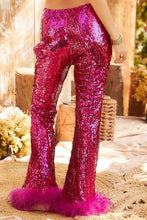 Fuchsia Side Zipper Hem Feather Trim Sequin Wide Leg Pants