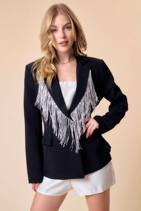 Black Sequin Fringe Trim Solid Blazer Jacket