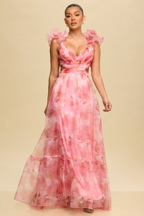 Pink Fluer Ruffle Tiered Gown