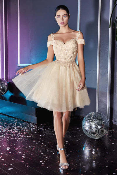 Champagne Off The Shoulder Lace Cocktail Dress