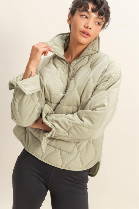 Sage Green Quilted Half Zip High Neck Pullover