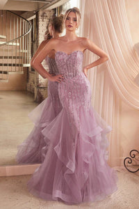 English Violet Tiered Mermaid Gown With Embellishments