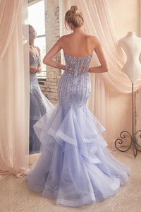 Paris Blue Tiered Mermaid Gown With Embellishments