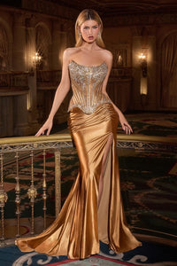Sienna Gold Satin Strapless Slit Gown