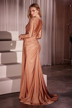 Rose Gold Long Sleeve Stretch Satin Embellished Gown