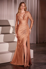 Rose Gold Long Sleeve Stretch Satin Embellished Gown
