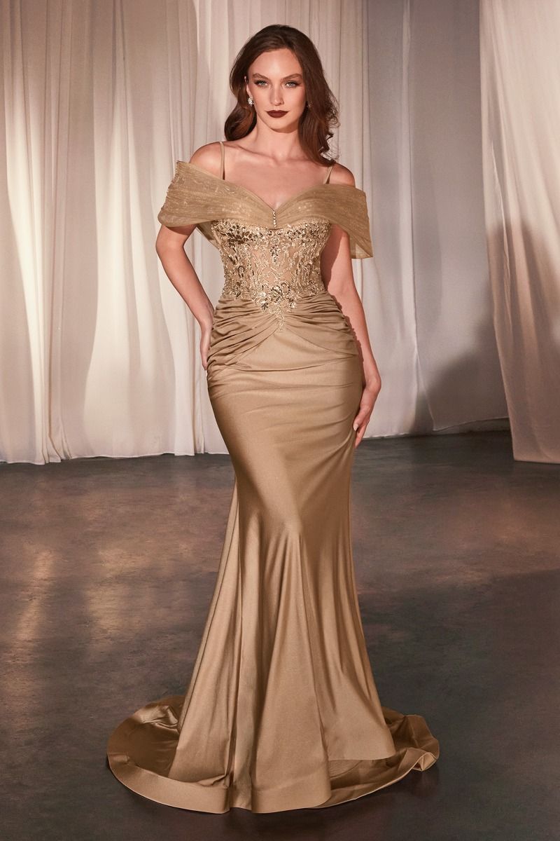 Gold Fitted Satin & Lace Gown With Off The Shoulder Accessory – Aquarius  Brand