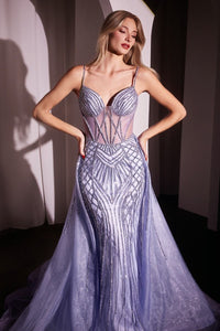 Lilac Beaded Fitted Gown With Overskirt