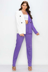 Purple/Ivory Two Tone Color Solid Blazer Pants Set