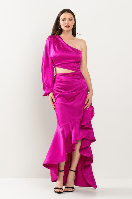 Hot Pink One Shoulder Diagonal Ruffle Bottom Dress