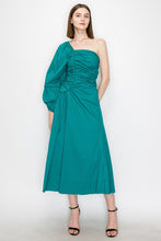 Teal Cotton Ruched Detail One Shoulder Dress