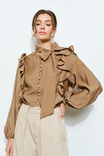 Mocha Soft Wool Blouse With Bow Tie & Pearl Buttons