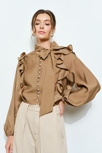 Mocha Soft Wool Blouse With Bow Tie & Pearl Buttons