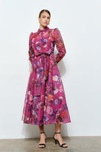 Berry Floral Organza Puff Sleeve Belted Shirt Dress