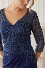 Navy Blue Floor Length Mob Gown With 3/4 Sleeves V Neckline