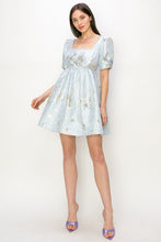 Blue Square Neck Jacquard Glitter Baby Doll Mini Dress