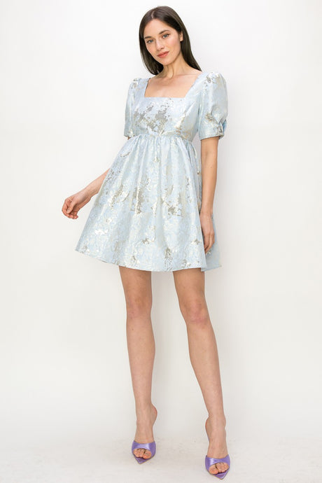 Blue Square Neck Jacquard Glitter Baby Doll Mini Dress