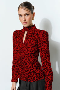 Red/Black Leopard High Neck Long Sleeve Blouse