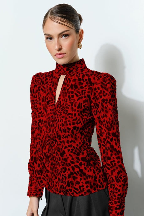 Red/Black Leopard High Neck Long Sleeve Blouse