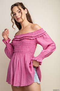 Magenta Tunic Off Shoulder Smocked Top